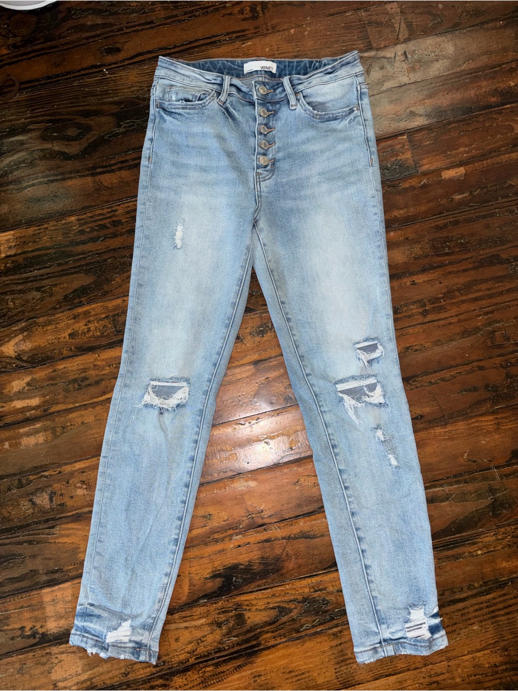 Vervet Light Wash Distressed Women's Skinny Jeans - Button Fly